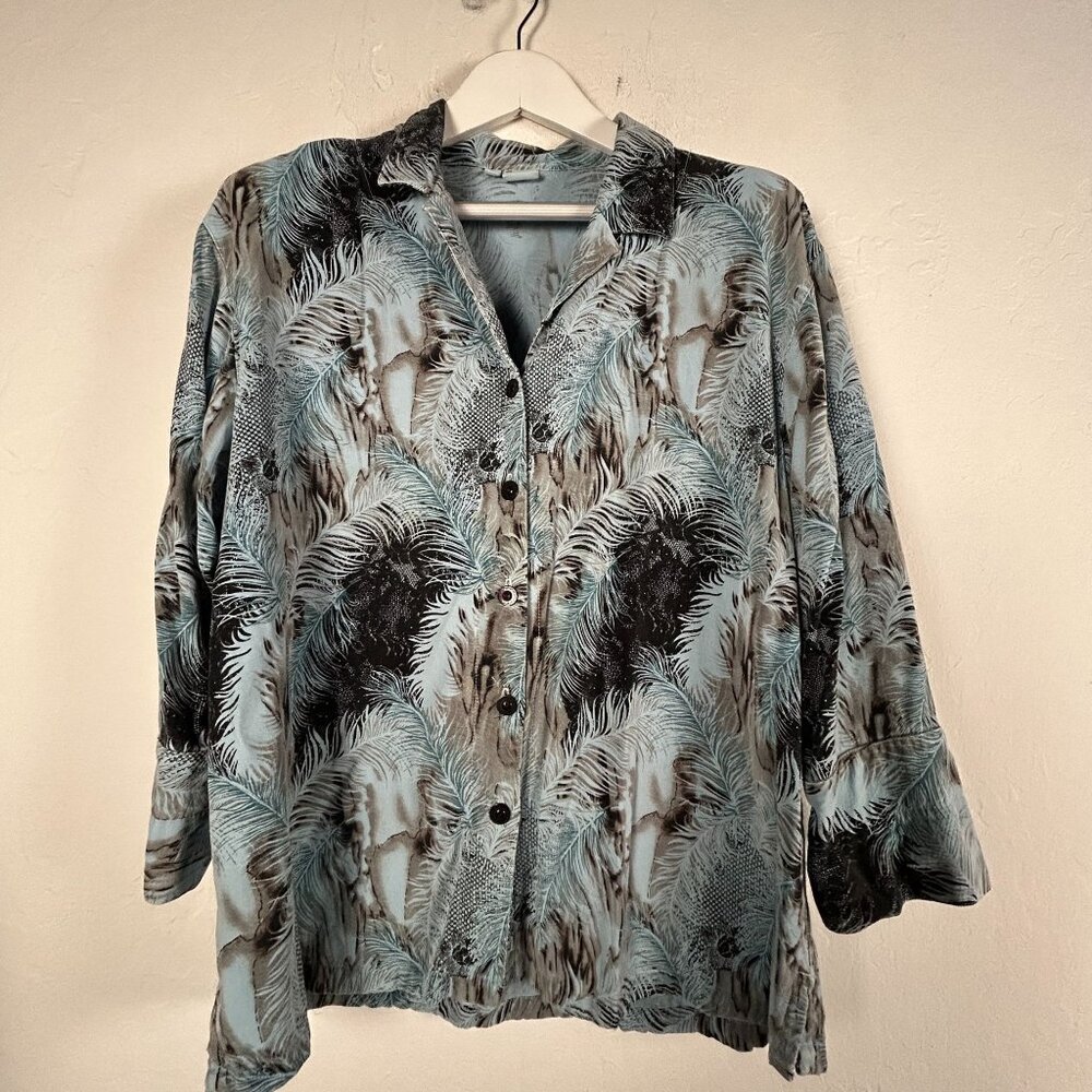 Tianello Womens Button-Up Feather Print Aida Blouse Shirt Top Small Tencel Blend